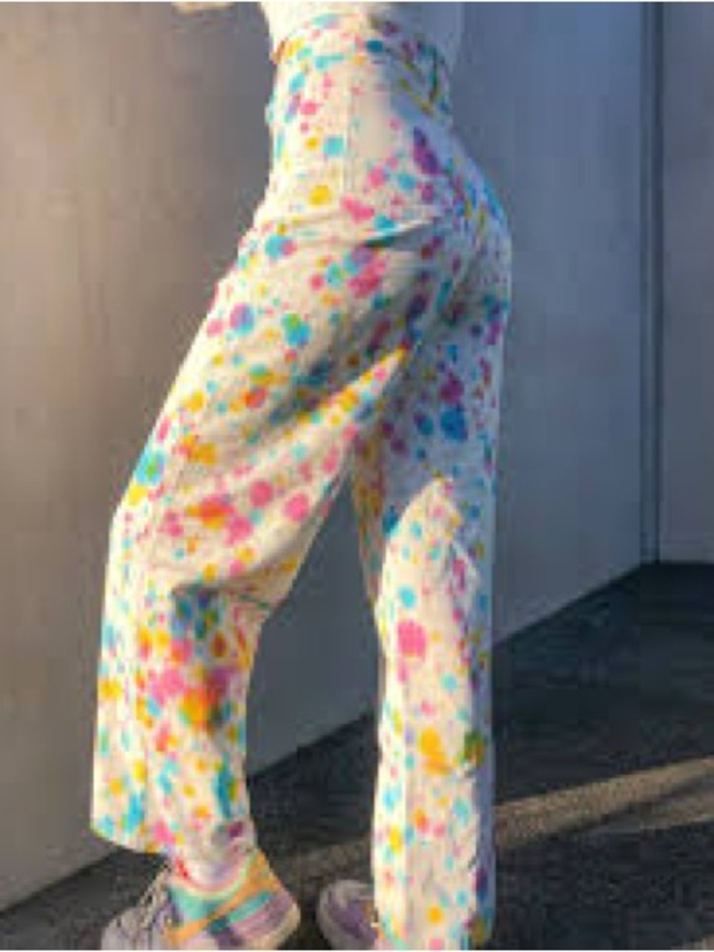 White High-Rise Wide-Leg Jeans with Multicolor Paint Splatters